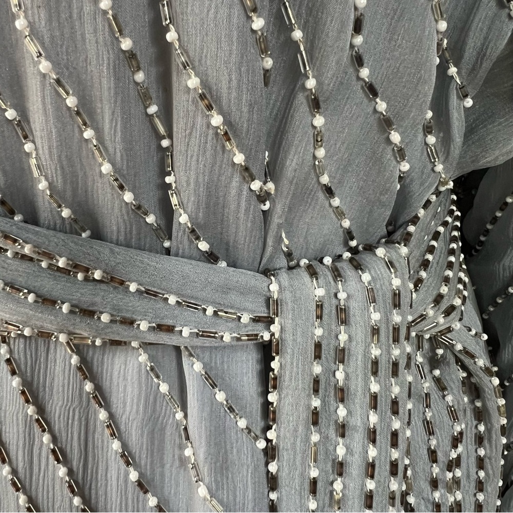 Vintage 🩶 SHO MAX - 3X Silver Silk Beaded Dress India Sequin Caftan Evening Gown - Picture 9 of 14
